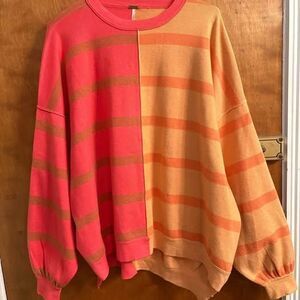 Free People Uptown Stripe Oversized Slouchy Pullover Sweatshirt Orange Pink XS
